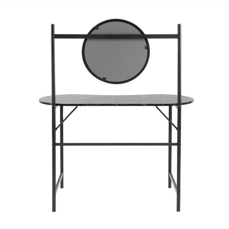 Pemberly Row Kidney-shaped Wood Writing Desk with Mirror in Marble Black