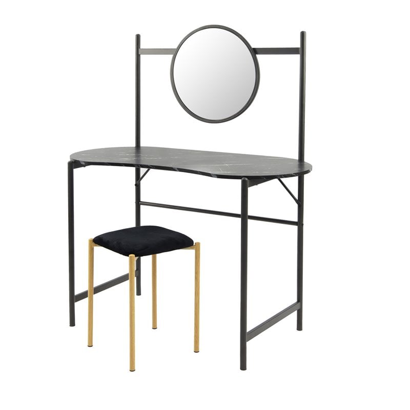 Pemberly Row Kidney-shaped Wood Writing Desk with Mirror in Marble Black