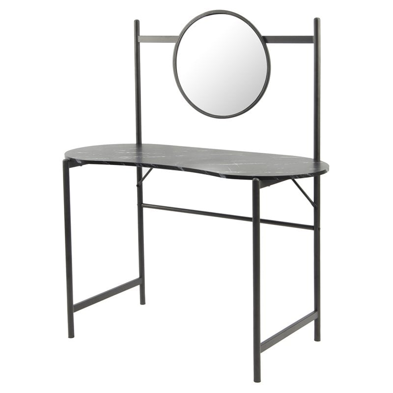 Pemberly Row Kidney-shaped Wood Writing Desk with Mirror in Marble Black
