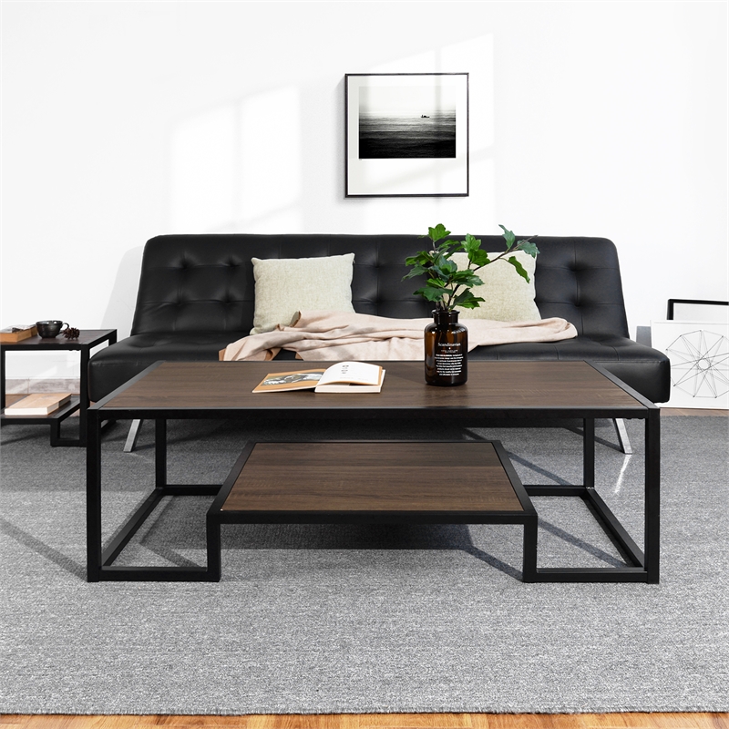 Pemberly Row Contemporary Black Frame Coffee Table in Brown and Black