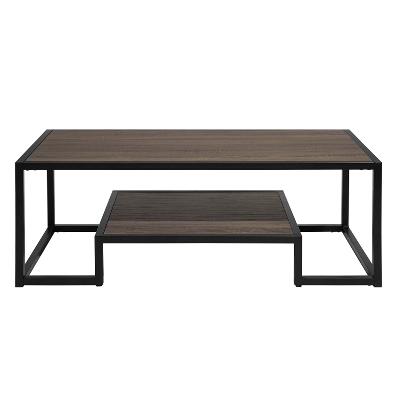 Pemberly Row Contemporary Black Frame Coffee Table in Brown and Black