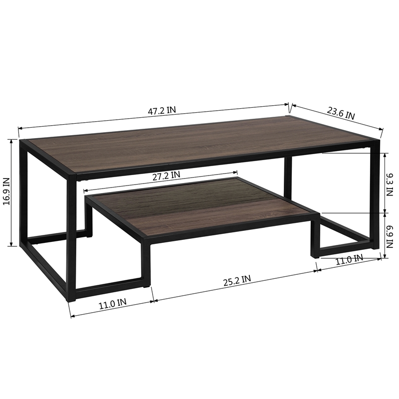 Pemberly Row Contemporary Black Frame Coffee Table in Brown and Black