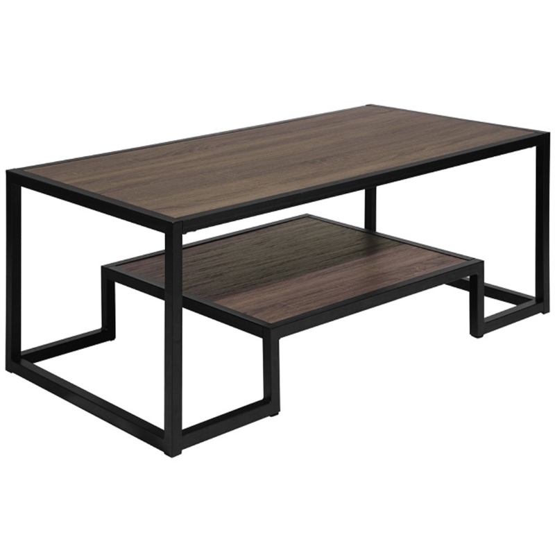 Pemberly Row Contemporary Black Frame Coffee Table in Brown and Black