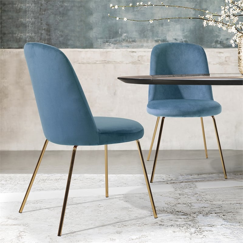 Pemberly Row Velvet Side Blue Chair Set of 2 with Gold Finish Metal Legs