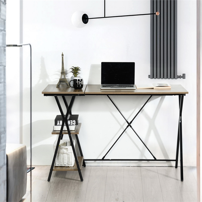 Pemberly Row 47'' Solid Wood Brown Wide Reversible Desk with 2 Shelves