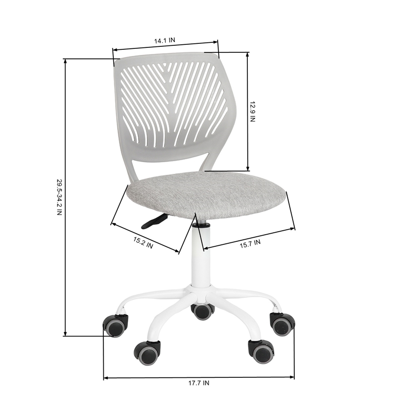 Pemberly Row Teen Fabric Task Small Space Mesh Ergonomic Swive Chair-Grey