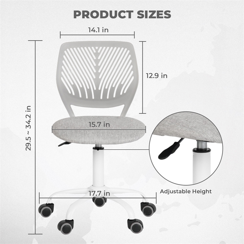 Pemberly Row Teen Fabric Task Small Space Mesh Ergonomic Swive Chair-Grey