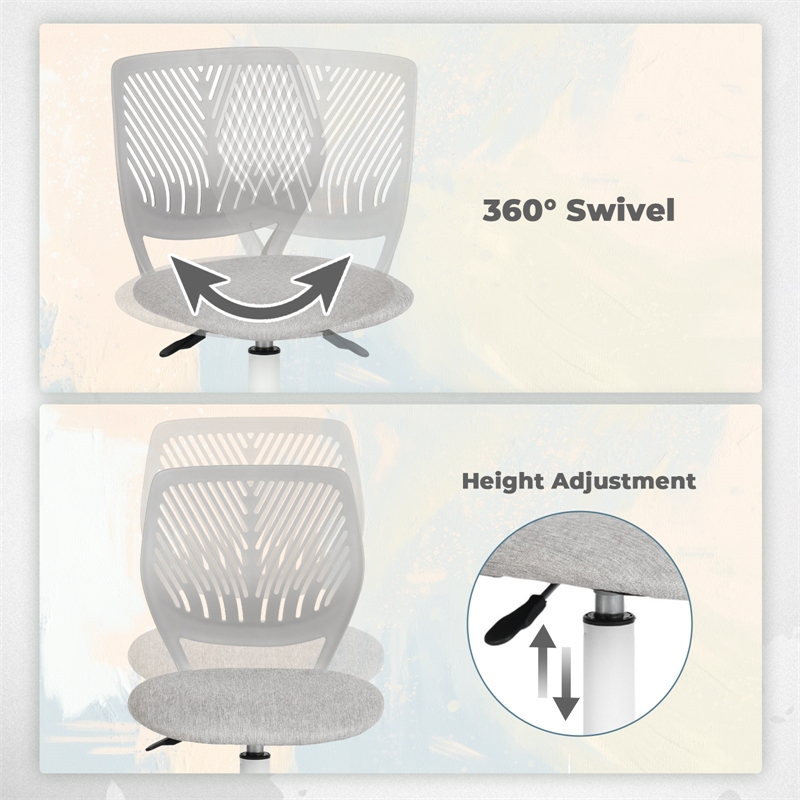 Pemberly Row Teen Fabric Task Small Space Mesh Ergonomic Swive Chair-Grey