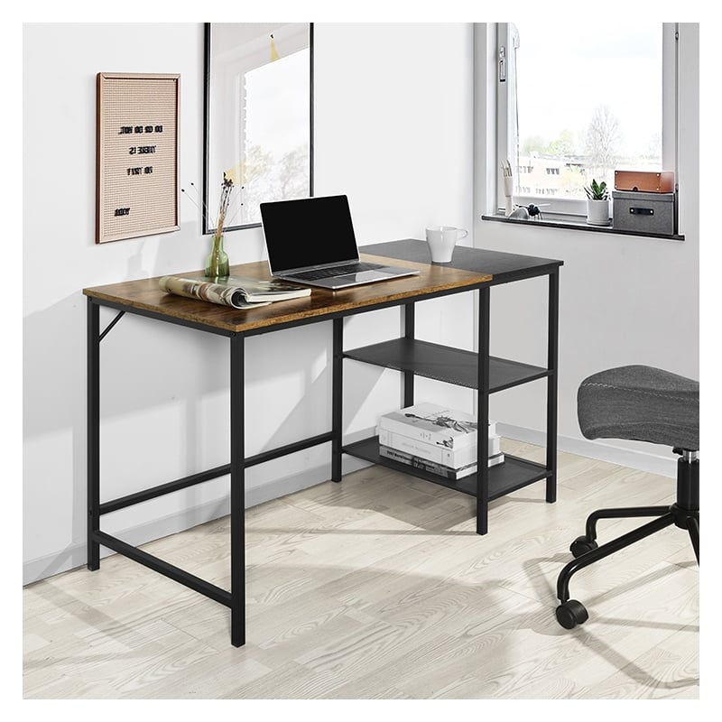 Pemberly Row Rustic Brown and Black Industrial Corner Desk with Storage Shelves