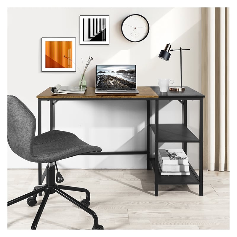 Pemberly Row Rustic Brown and Black Industrial Corner Desk with Storage Shelves