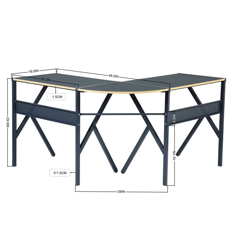 Pemberly Row L-Shaped Computer Desk with Black Metal Frame and Wood Finish