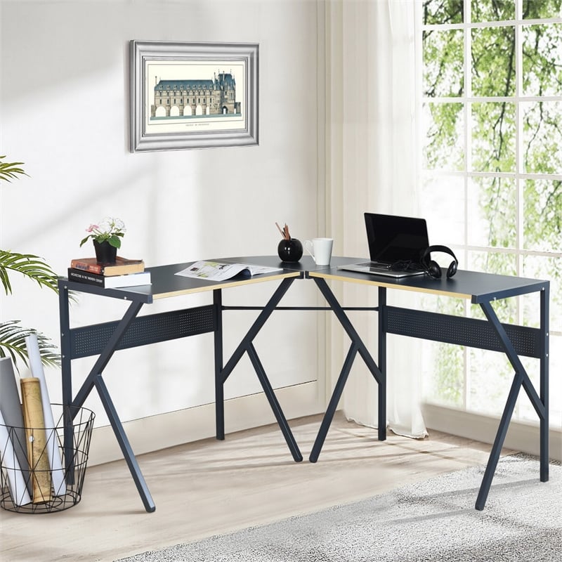 Pemberly Row L-Shaped Computer Desk with Black Metal Frame and Wood Finish