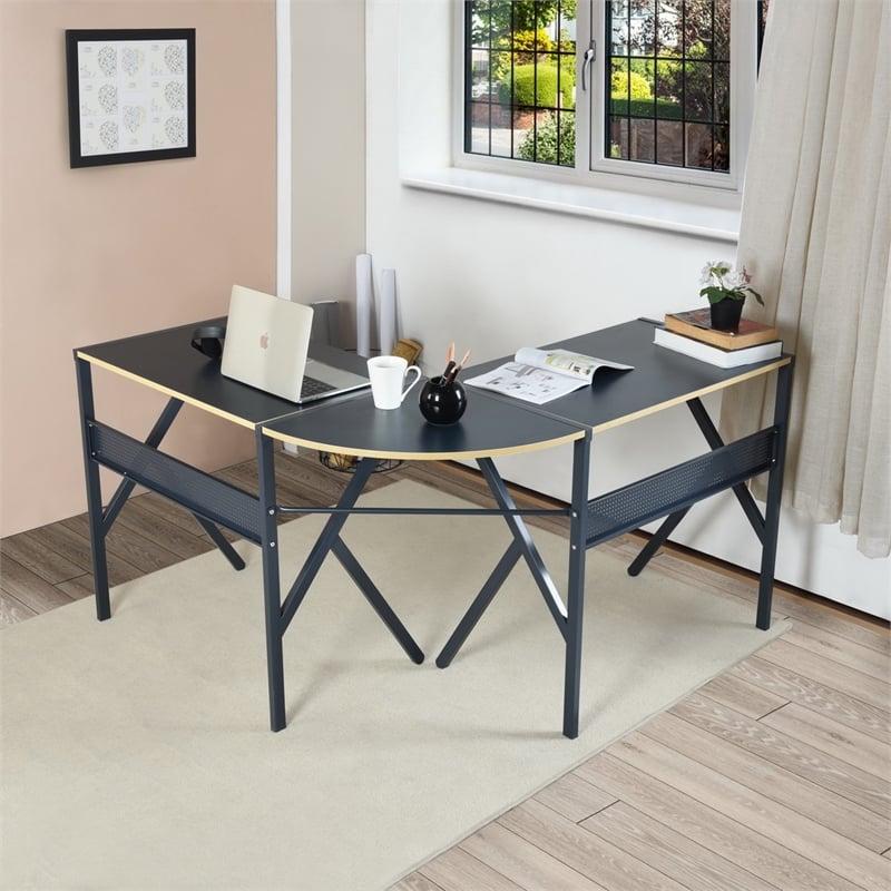 Pemberly Row L-Shaped Computer Desk with Black Metal Frame and Wood Finish