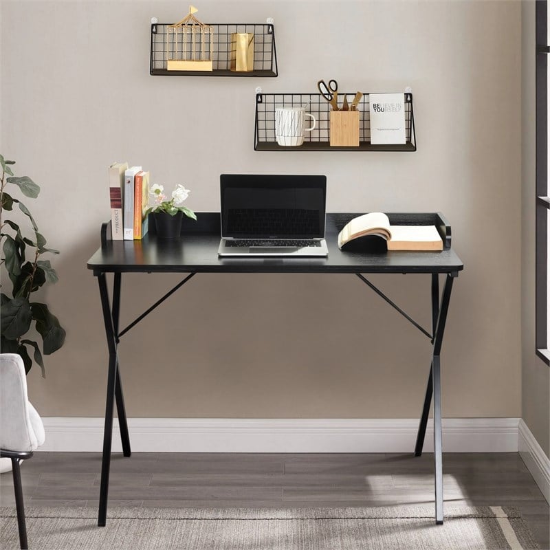 Pemberly Row Black Wood Writing Desk with Metal Frame Modern Design