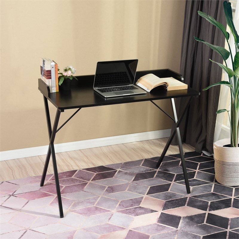 Pemberly Row Black Wood Writing Desk with Metal Frame Modern Design