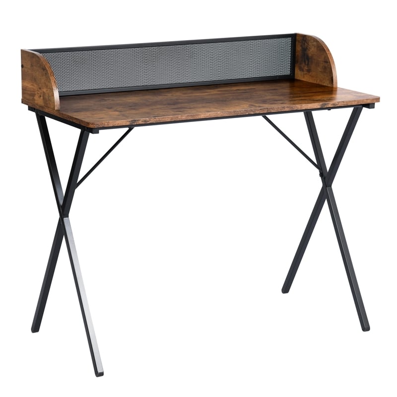 Pemberly Row Vintage Brown Writing Desk with Mesh Back Panel and Metal Frame