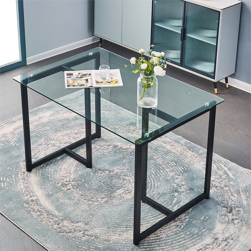 Pemberly Row Modern Glass Dining Table with Black Metal Legs