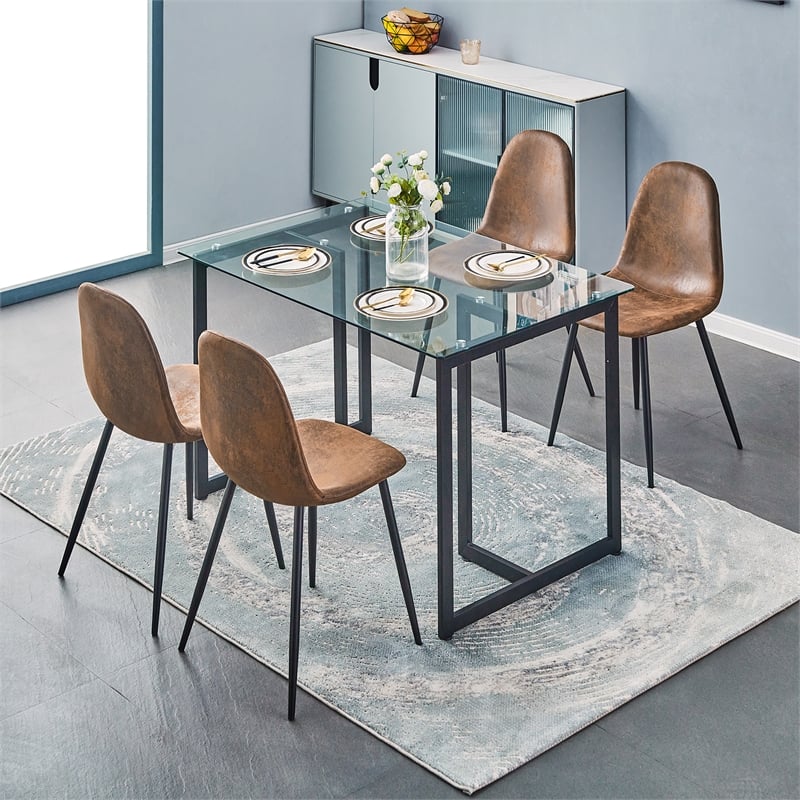 Pemberly Row Modern Glass Dining Table with Black Metal Legs