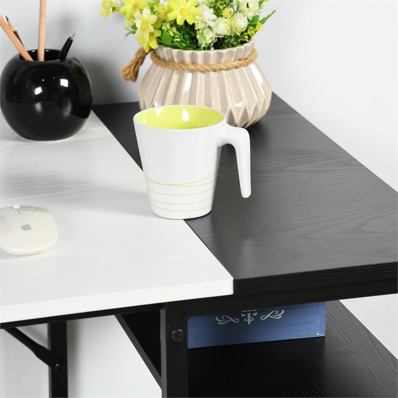 Pemberly Row Black and White Industrial Computer Desk with Storage Shelves