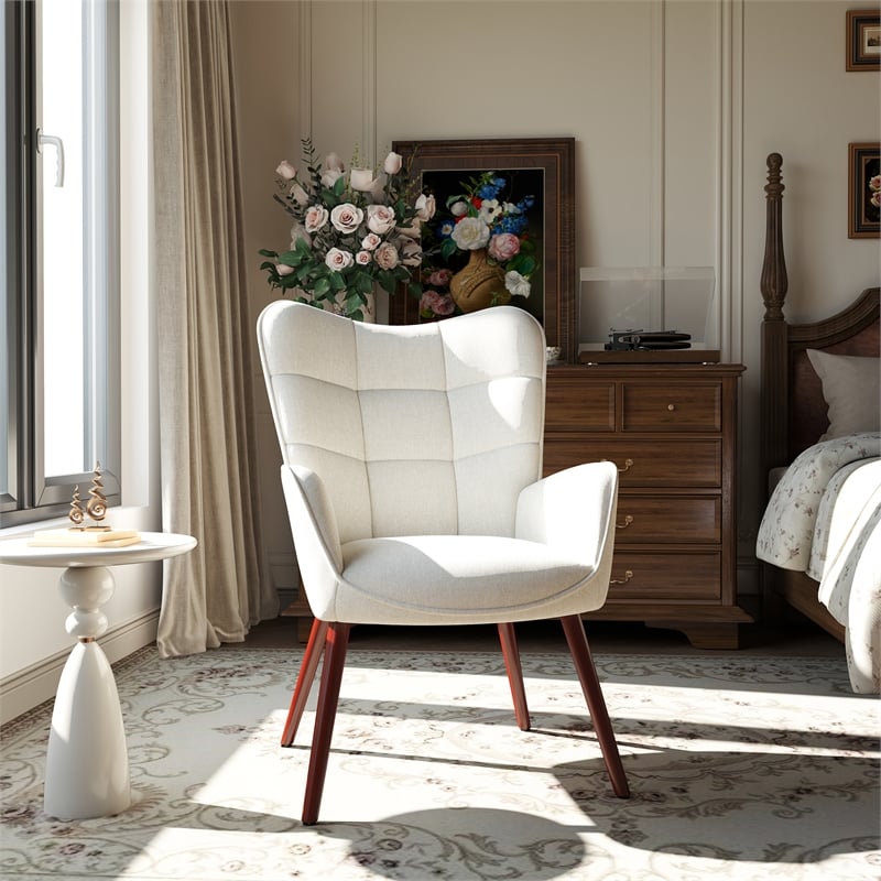 Pemberly Row Modern Fabric Upholstered Accent Chair in Beige/Wood Legs
