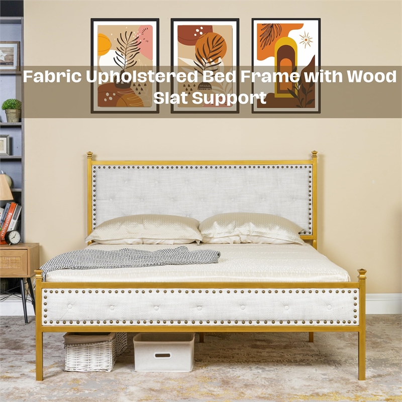 Pemberly Row Queen Upholstered Bed Frame with Gold Metal Tufted Headboard