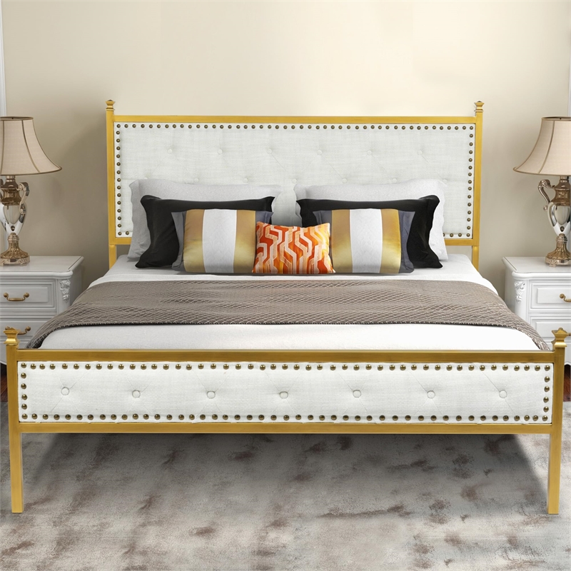 Pemberly Row Queen Upholstered Bed Frame with Gold Metal Tufted Headboard