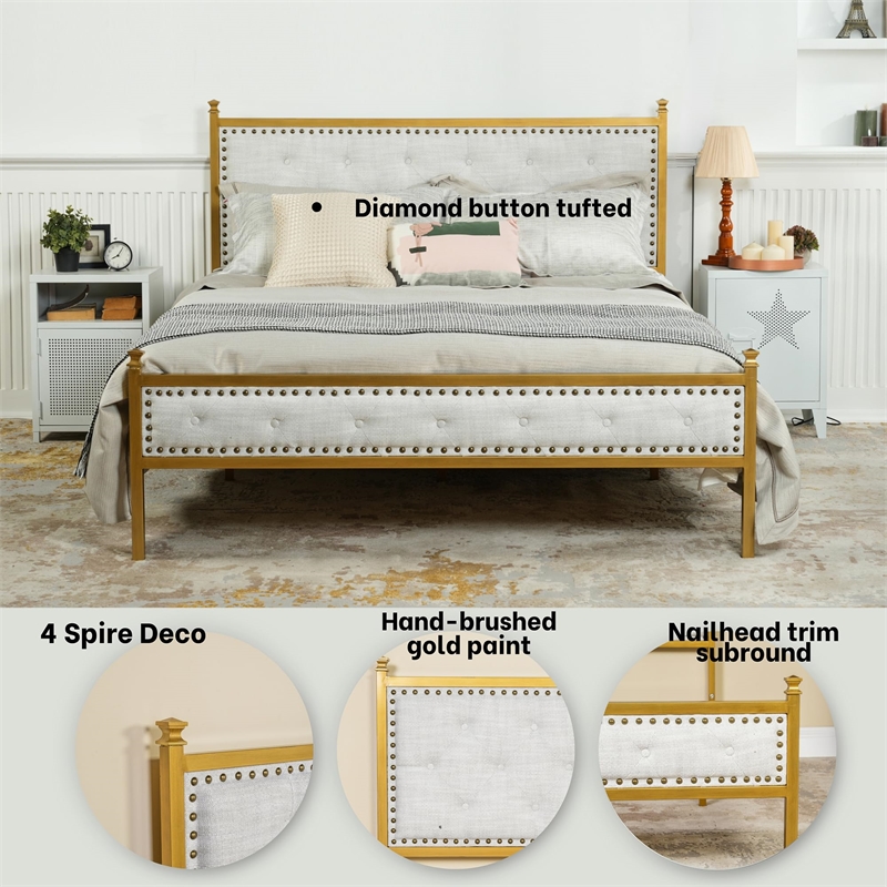 Pemberly Row Queen Upholstered Bed Frame with Gold Metal Tufted Headboard