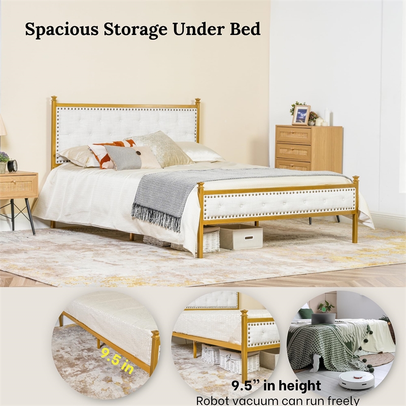 Pemberly Row Queen Upholstered Bed Frame with Gold Metal Tufted Headboard