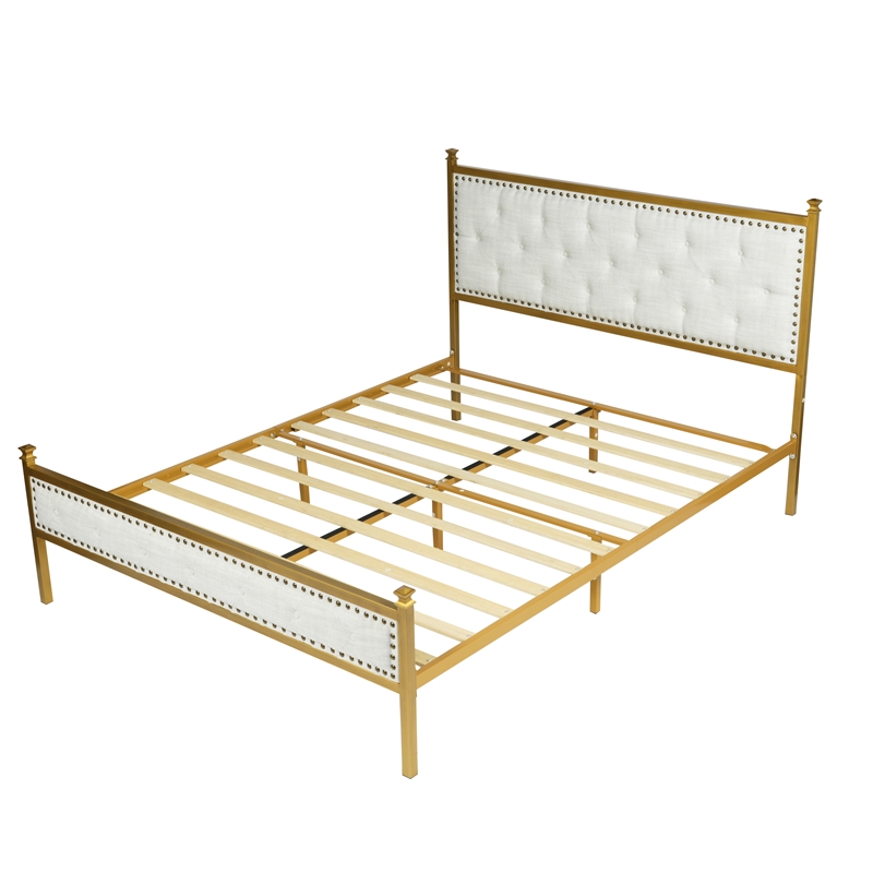 Pemberly Row Queen Upholstered Bed Frame with Gold Metal Tufted Headboard