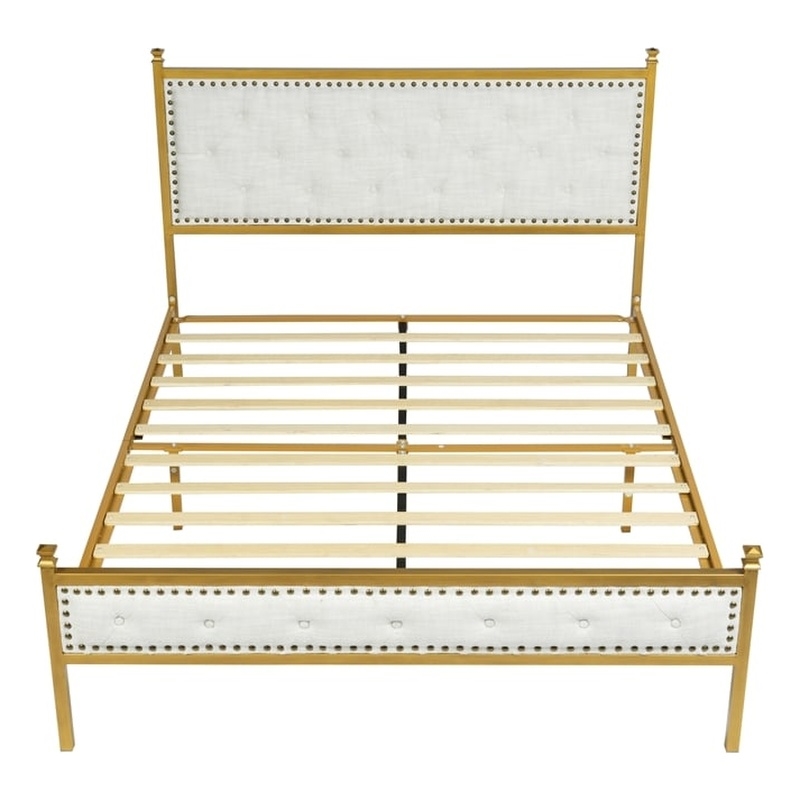 Pemberly Row Queen Upholstered Bed Frame with Gold Metal Tufted Headboard