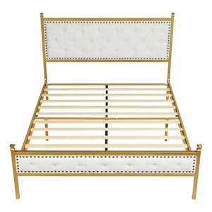 Pemberly Row Queen Upholstered Bed Frame with Gold Metal Tufted Headboard