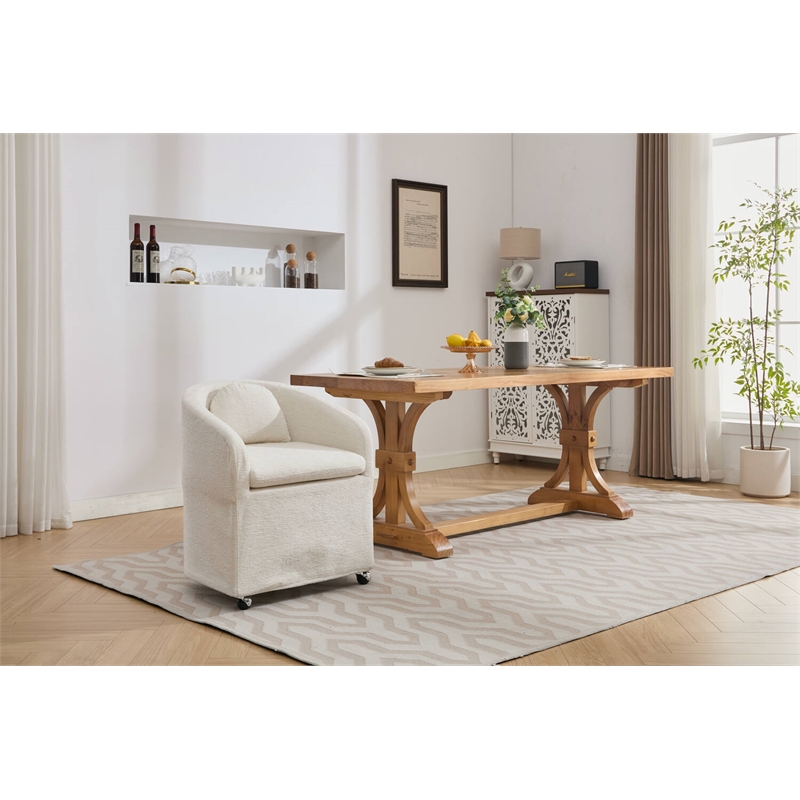 Pemberly Row Chenille Fabric Dining Armchair Back Cushion Universal Wheels Beige