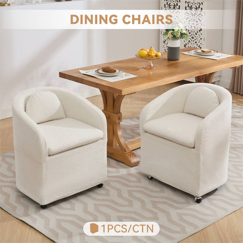 Pemberly Row Chenille Fabric Dining Armchair Back Cushion Universal Wheels Beige