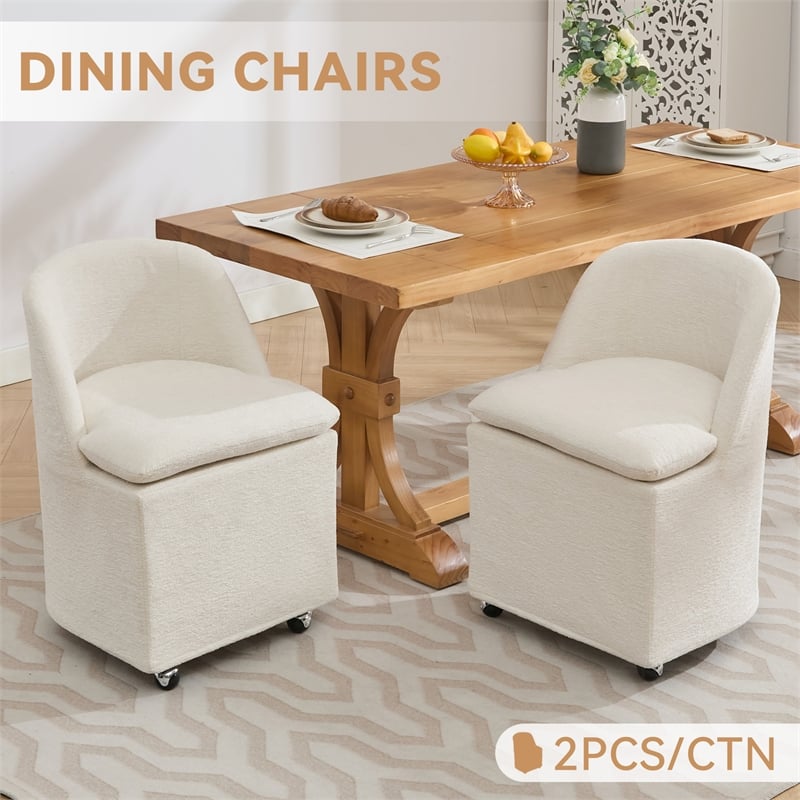 Pemberly Row Chenille Fabric Dining Chairs With Universal Wheels Beige Chenille