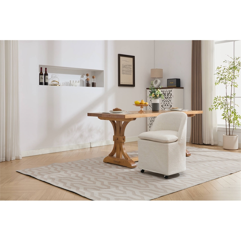 Pemberly Row Chenille Fabric Dining Chairs With Universal Wheels Beige Chenille