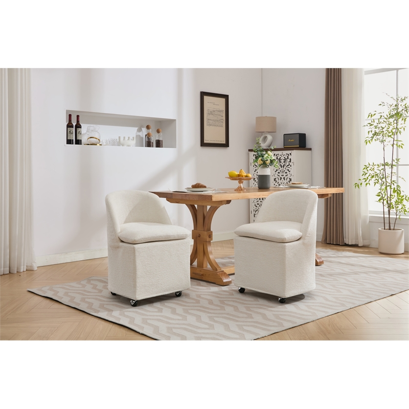 Pemberly Row Chenille Fabric Dining Chairs With Universal Wheels Beige Chenille