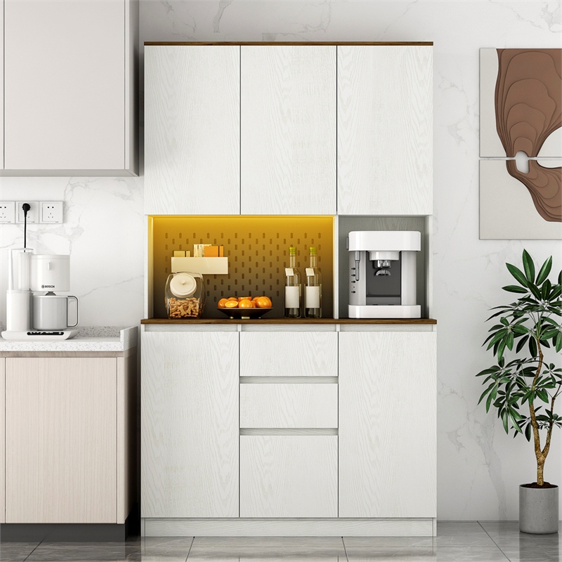 Pemberly Row Modern Kitchen Pantry Cabinet with LED Lighting