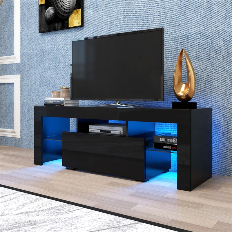 Pemberly Row Black TV Stand with LED RGB Lights Flat Screen TV Cabinet Black