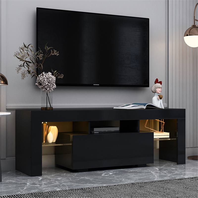 Pemberly Row Black TV Stand with LED RGB Lights Flat Screen TV Cabinet Black