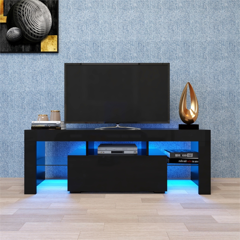 Pemberly Row Black TV Stand with LED RGB Lights Flat Screen TV Cabinet Black