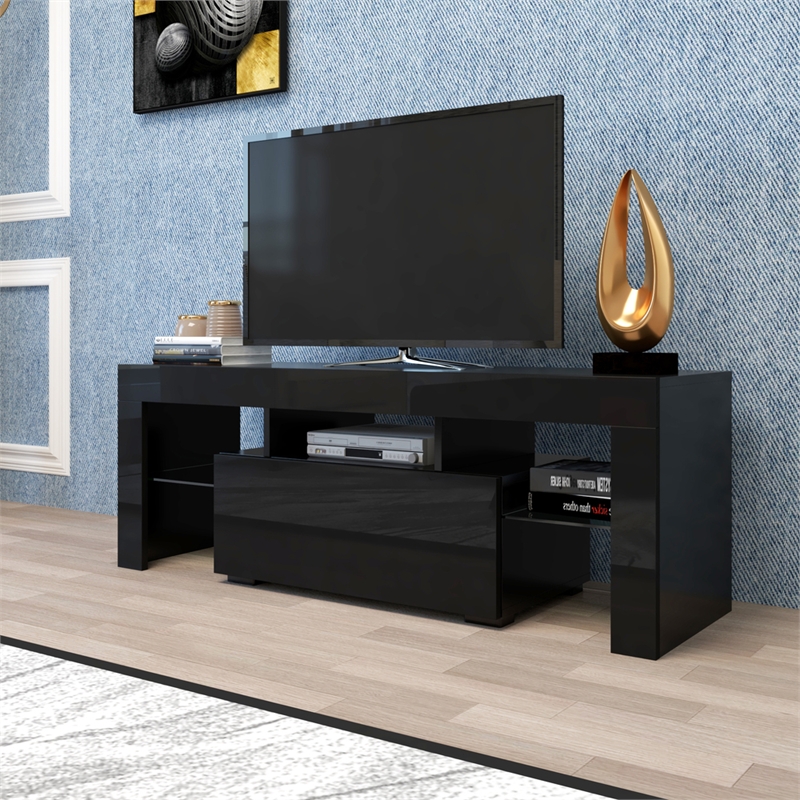 Pemberly Row Black TV Stand with LED RGB Lights Flat Screen TV Cabinet Black