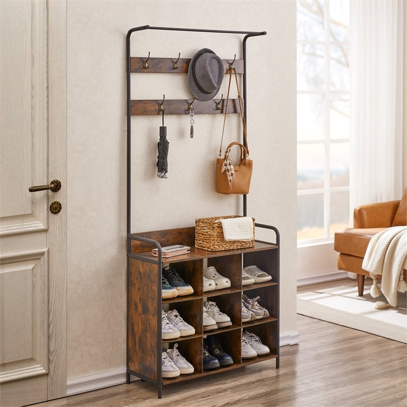 Pemberly Row Rustic Entryway Coat Rack with Shoe Storage and Bench-Brown
