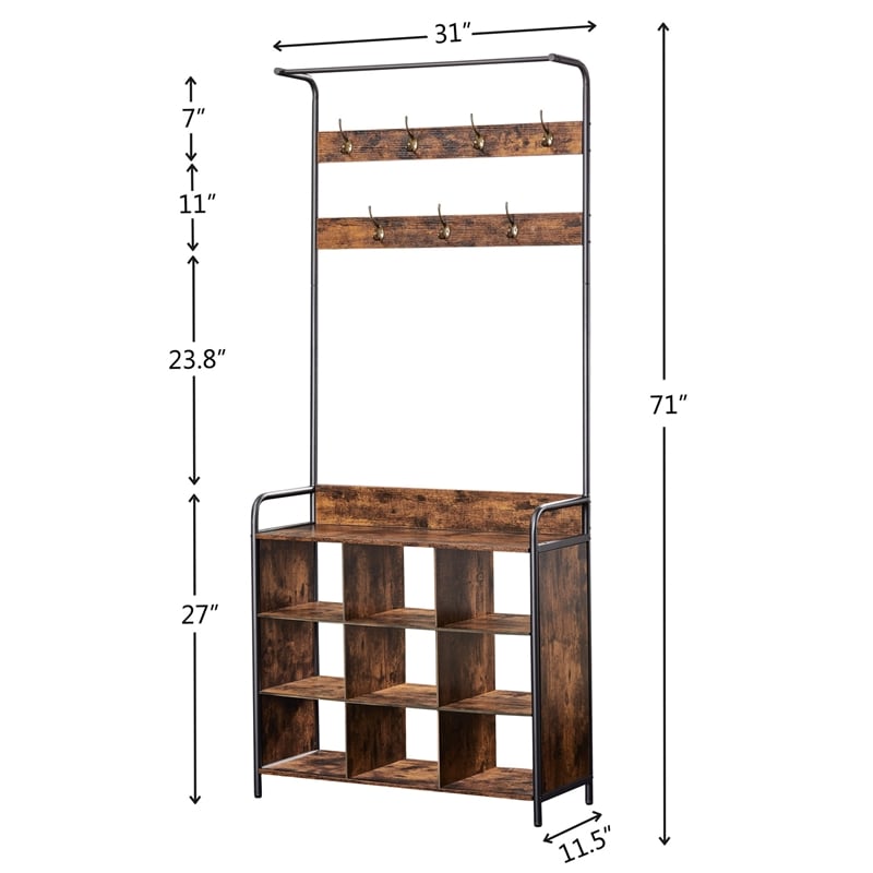 Pemberly Row Rustic Entryway Coat Rack with Shoe Storage and Bench-Brown