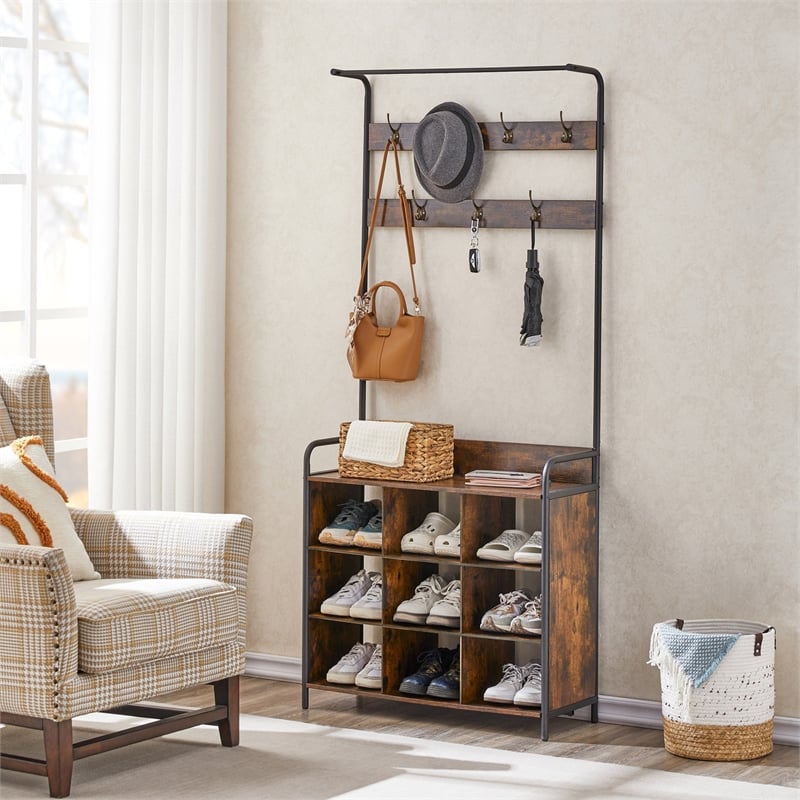 Pemberly Row Rustic Entryway Coat Rack with Shoe Storage and Bench-Brown