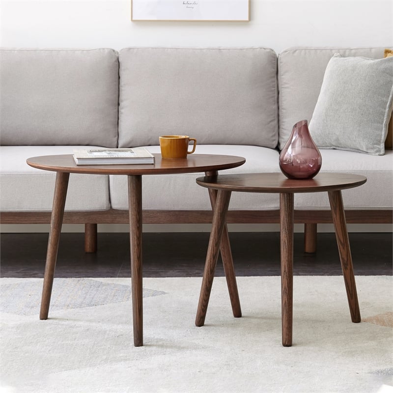 Pemberly Row Mid-Century Modern Wooden Side Walnut Table with Round Top