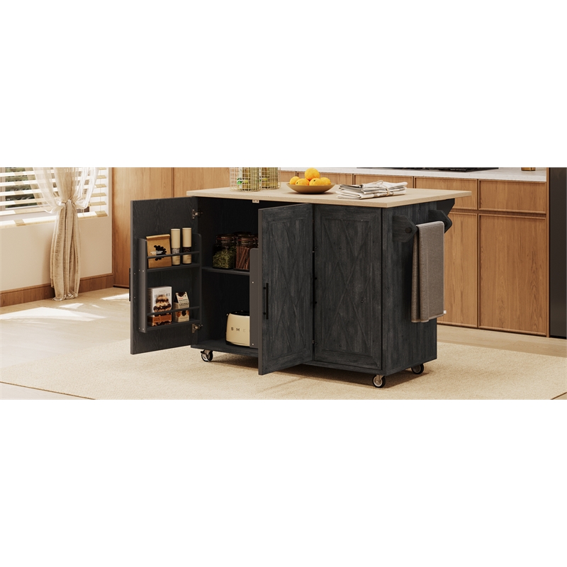 Pemberly Row Kitchen Island with Storage -Drop-Leaf Countertop-Black