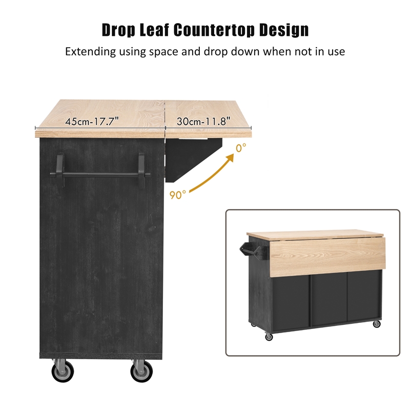 Pemberly Row Kitchen Island with Storage -Drop-Leaf Countertop-Black