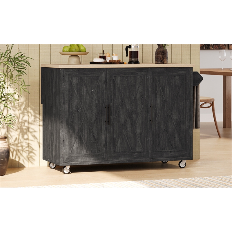 Pemberly Row Kitchen Island with Storage -Drop-Leaf Countertop-Black