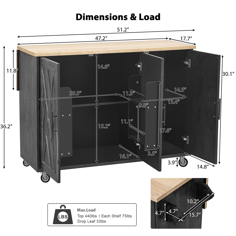 Pemberly Row Kitchen Island with Storage -Drop-Leaf Countertop-Black