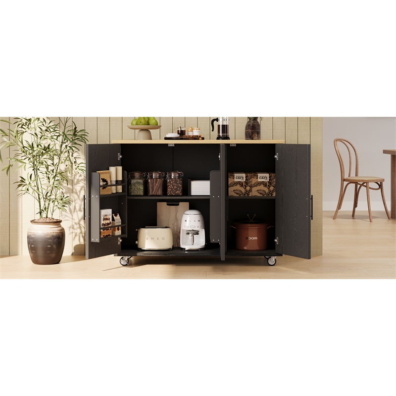 Pemberly Row Kitchen Island with Storage -Drop-Leaf Countertop-Black